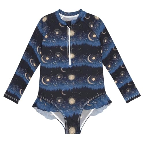 ALAZA Toddler Swimsuit Girl Bathing Suit Swimwear Rash Guard Sun Moon Forest Starrysky Long Sleeve 3T