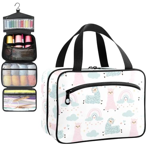 YNNALE Sewing Supply Organizer Bag, Cute Llamas with Rainbow Alpaca Portable Sewing Bags with Pockets&Hanger, Sewing Storage Box Case for Sew Supplies/Kit/Tools/Accessories (BAG ONLY)