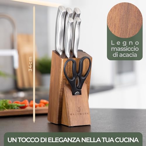 WALDWERK Blocco Coltelli - Set coltelli da cucina 7 pezzi con blocco porta coltelli e affilacoltelli integrato - ceppo coltelli da cucina - set coltelli da cucina professionali - immagine 5