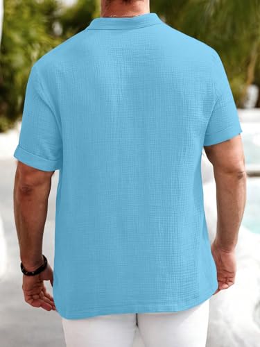 Image of Men Shirt | Black Textured Cotton Blend | Regular Fit Casual Shirt | Half Short Sleeve | Mandarin Chinese Collar | Button Down | Summer Office Wear | Stylish Shirt for Men