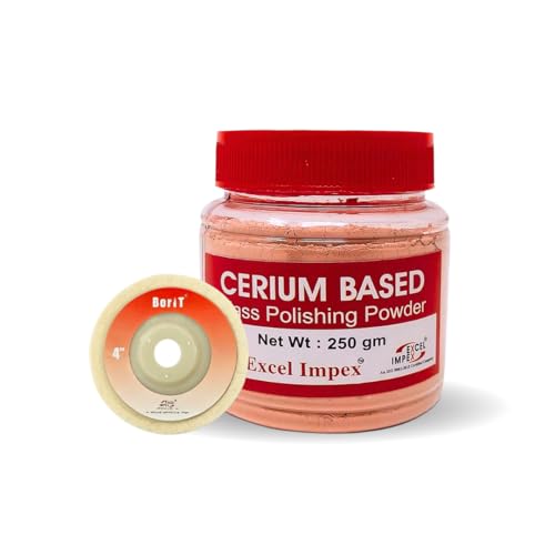 Excel Impex Cerium Oxide Glass Polishing Powder for Glass & Mirrror Polishing, Minnor Scratch Removing, Cerium Oxide powder250gm with Wool Polishing felt Wheel 4" Dia, Thickness 16 mm.