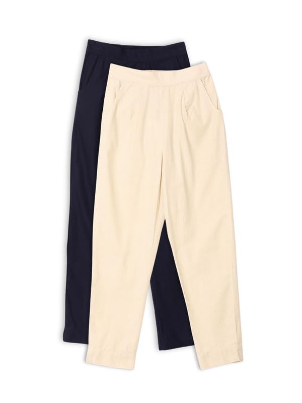 Image of SAADAA Pack of 2 Women's Cotton Pants | Regular Fit Mid-Rise Comfortable Trousers with Pockets | Casual