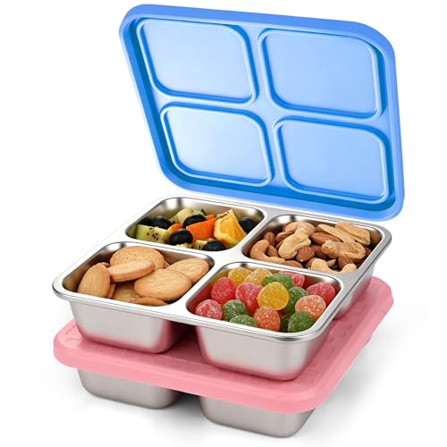 Image of 2 Pack Stainless Steel Snack Containers with Silicone Lids, Leakproof Bento Snack Boxes, Reusable 4 Compartment Metal Lunch Containers, Dishwasher Safe Food Storage for Meal Prep, Work & Travel (C)