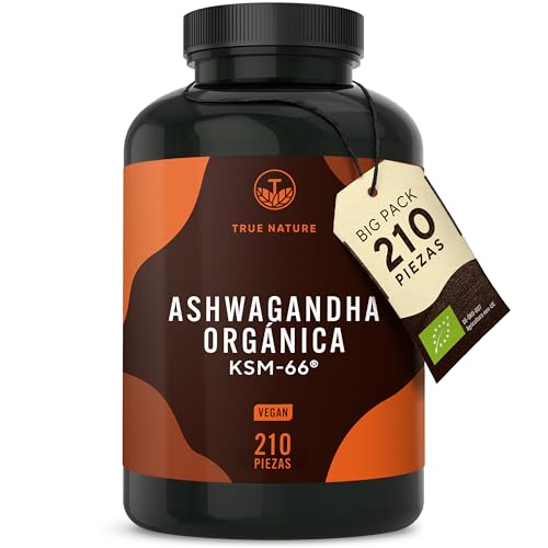 KSM-66 Ashwagandha ecológica – 210 cápsulas (Formato ahorro) – Alta potencia 600 mg – Withania somnifera (Ginseng indio auténtico) – Vegano, producido en Alemania – TRUE NATURE