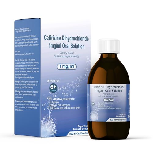Cetirizine Dihydrochloride Allergy Relief Syrup | Antihistamine Oral Solution for Hay Fever Dust & Pet Allergies Hives Redness and Itchiness of Skin | Adults & Children Over 6 Years (200 ml)