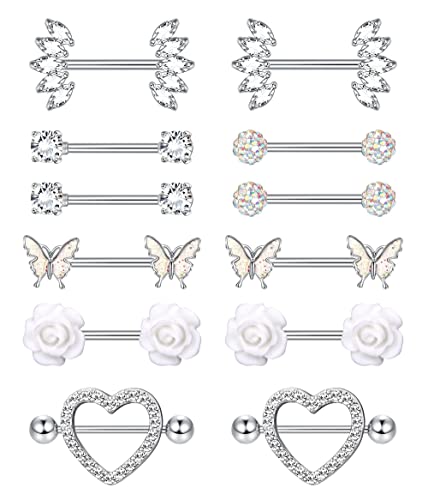Milacolato Nippelpiercing 6 Paare 14G Chirurgenstahl Nippel Ringe Zunge Ring CZ Barbell Herz-Form Blume Schmetterling Brustwarzenpiercing Nippel Piercing Schmuck für Frauen Cover