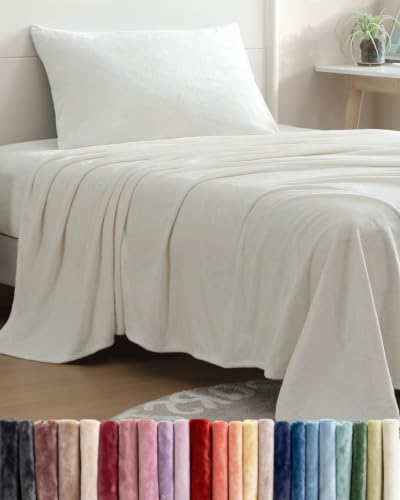 Image of Fleece Sheets Twin XL Size Set - 3-Piece Velvet Flannel Sheet Set - Ivory