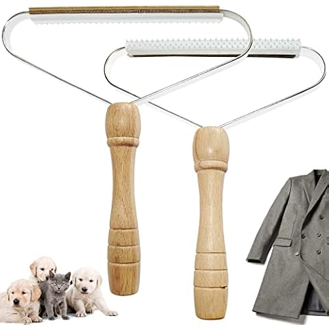 Lint Remover Carpet, ZAHRVIA Portable Pet Hair Remover Lint Roller, Manual Clothes Fuzz Shaver, Reusable Double-Use Hair Brush Scraper with Wooden Handle for Clothes, Carpets, Pet Hair (2PCS) Cover