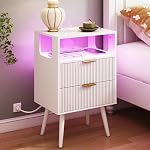 JOONEE White Nightstand with Charging Station and LED Lights,Modern Bedside Table with 2 Storage Drawer and Open Wood Shelf, for Bedroom and Small Spaces,Night Stand with Solid Wood Legs,White