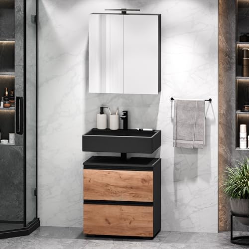 Planetmöbel EDA Badmöbel Set Waschbeckenunterschrank 60cm mit Spiegelschrank 60 cm mit Beleuchtung, Waschtischunterschrank, Badezimmerschrank für Gäste WC & Bad, Anthrazit/Gold Eiche