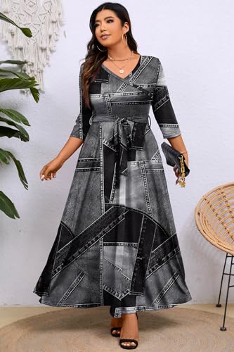 Image of Runwind Plus Size Dress for Women - 3 /4 Sleeve V Neck Maxi Dresses for Women (XL-6XL)