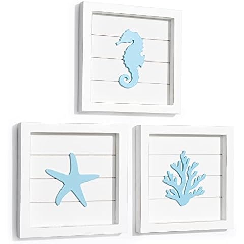 TideAndTales Ocean Theme Beach Decor 3D Wall Art with Turquoise Starfish, Seahorse and Coral - Framed Beach Bathroom Decor - Coastal Beach Decorations for Home Cover
