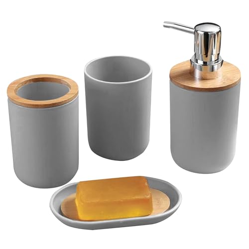 Opiniones y reviews de Juegos de accesorios de baño disponible en línea para comprar. 42 FSY FASILYT Set 4 Accesorios de Baño | Juego Organizador Bambú Elegante | Kit Práctico | Dispensador de Jabón | Jabonera | Vaso Multiusos | Porta Cepillos Dentales| (Gris)
