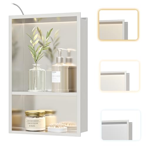Neohomee Wandnische Dusche Edelstahl mit LED-Licht, 3 Farben, Eingebettete Duschnische mit Regal 45x30cm für Badezimmer Aufbewahrung und Dekoration