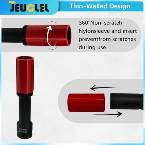 Image of 3PCS Lug Nut Socket Set, 1 /2 inch Drive Impact Extra-Long Impact Socke | 17mm, 19mm, 21mm, 6 Point, Non-Marring, Thin Wall, Deep Socket, Wheel Protector, Protective Socket, Color-Coded, Cr-Mo Steel