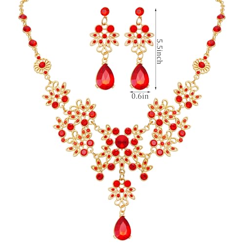 Dxhycc Silver Red Alloy Rhinestone Earrings Crystal Pendant Necklace Bridal Jewelry Set