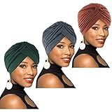 Generse Afrikanischer Turban Grau vorgebundene Knoten Haarwickel Plissee Turban Kappen Weicher Schlafhut für Frauen und Mädchen 3 Stück, Grau, Grün, Kaffee, One size