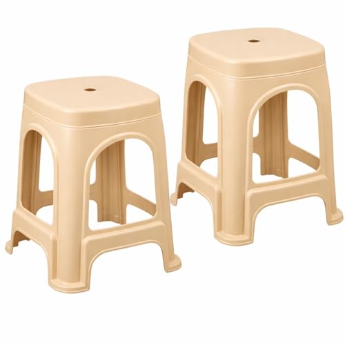 Image of PulGos Pack of 2 Beige Plastic Sitting Stool for Home, Office & Outdoor Use | Compact, Lightweight & Durable Stool for Adults & Kids | Use as Footrest, Side Table, Extra Seating for Living Room