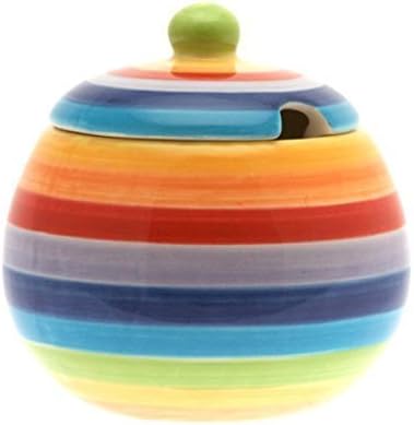 NEW GIFT COLOUR RAINBOW HOOPS CERAMIC SUGAR BOWL / JAR