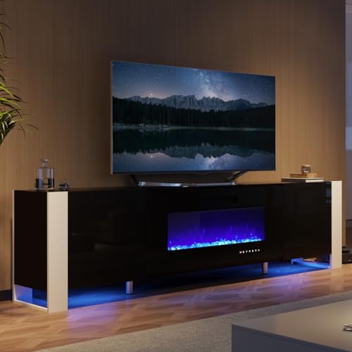 AMERLIFE Fireplace TV Stand with 36" Fireplace, 70" Modern Entertainment Center with High Gloss Doors & LED Lights, U-Shaped Legs TV Console Cabinet for TVs Up to 80", Black