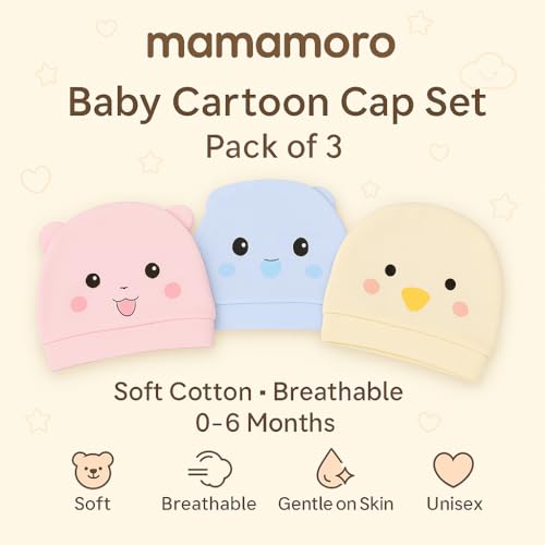 Image of Newborn Baby Caps | Soft & Breathable Cotton | Cute Cartoon Design | 0-3 Months Unisex Baby Hat Set - Multicolor