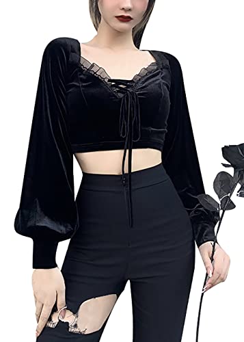 Goth Women Gothic Lace Crop Top Y2K Gothic Lace Patchwork Long Sleeve T-Shirt Elegant Aesthetic Bandage Top Hollow Out Tops
