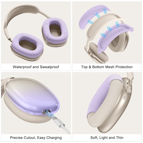 Image of Silicone Case Cover for AirPods Max 2, Clear Gradient Soft TPU Ear Cups Cover /Ear Pad Case Cover /Headband Cover for AirPods Max 2 /1 (2026 /2024 /2020),Transparent Accessories for Apple AirPod Max,Purple
