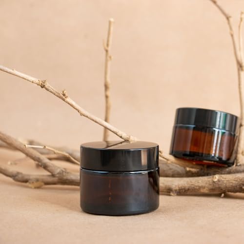 64 Pcs 1oz Glass Jars with Lids, Small Cosmetic Containers Bulk Amber Tins Glass with Inner Liners, Facial Mask Spoons, and Labels for Travel Lotions, Creams, and Candles (Black Lid)