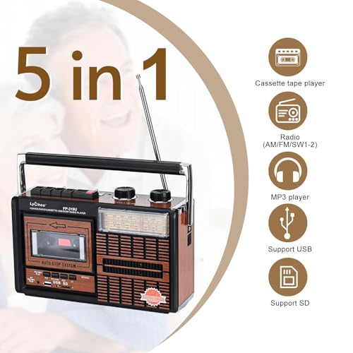 Lychee Tragbarer Retro-Kassettenspieler mit AM/FM/SW1-2-Quad-Radio, eingebautem Lautsprecher, 3,5-mm-Kopfhörerbuchse, SD/USB-Eingang unterstützt