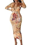 Feature:Deep V Neck,Long Sleeve,Zipper Up,Printed,Bodycon Fit,Sexy Stretchy Midi Dress,Sexy Bodycon Party Club Dress for Women. Style:Sexy deep v neck dress for women,Elegant long sleeve midi dress,the stretchy material and bodycon designed can perfe...