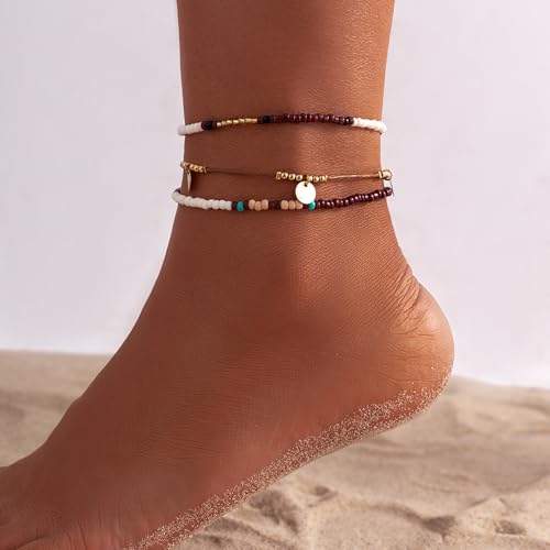 Image of Qceasiy Bead Ankle Bracelets Set For Women, Adjustable Gold Plated Boho Shell Anklet, Hawaiian Beach Seashell Pearl Disc Starfish Conch Foot Jewelry, Summer Fashion Gifts