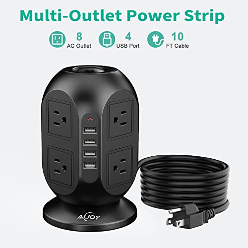 Power Strip Tower with USB Ports, AiJoy Charging Tower with 8 AC Outlets & 4 USB Ports, Surge Protector, 10 FT Long Extension Cord with Multiple Outlets for Home Office Supplies, Dorm Essentials