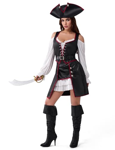 Spooktacular Creations Disfraz de pirata de Halloween para mujer, disfraz de pirata renacentista con sombrero y cinturón para fiestas temáticas de cosplay (grande)