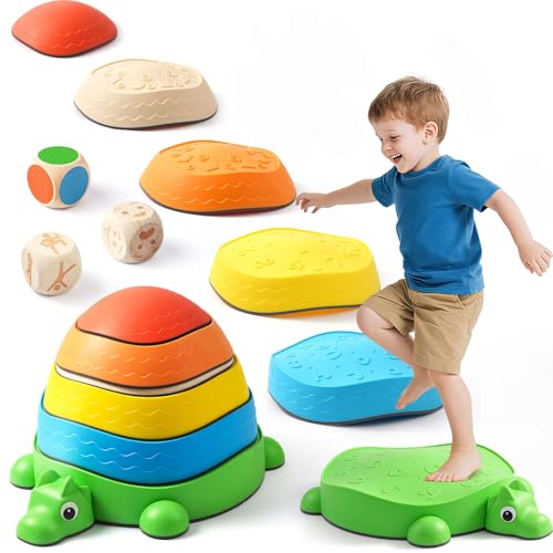 6PCS Dinosaur Stepping Stones for Kids with 3 Wooden Dice (Emotion/Action/Color)-Balance Stone Interactive Play Toddler Stepping Stones for Indoor/Outdoor,Sensory Toys for Toddlers