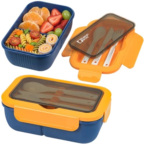 Everyn & Co. Bento Lunch Box with Utensils - Leak-Proof 2-Compartment Meal Prep Container - Built-in Fork, Spoon & Knife - BPA-Free, Navy Blue & Yellow