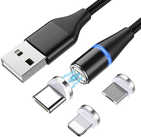 3 in 1 Magnetic Charging Cable for Type C Micro USB, Aioloc 3.0A Fast Charging & Data Sync Round Shape Nylon Braided Charger LED Indicator Compatible with i-Product 3.3ft(Black)