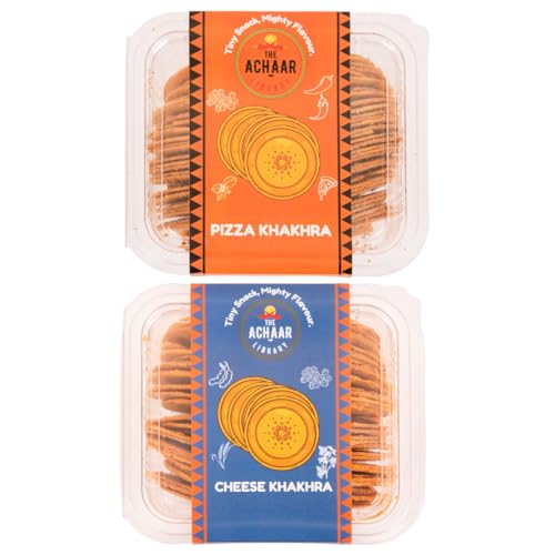 Image of Pizza & Cheese Mini Khakhra Combo Pack Of 2 by THE ACHAAR LIBRARY | Whole Wheat Crisps | Bite-Sized | (180 grams each, Pack of 2)