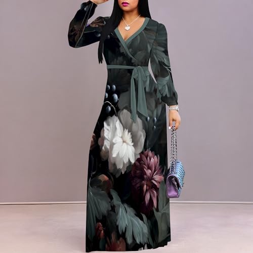 Image of PinkPatty Women's Print Maxi Dresses 3 /4 Sleeve Flowy Long Dress V Neck Wrap Tie Waist Sundress