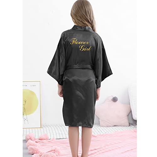 Morforu Gold Glittering Flower Girl Silky Satin Kimono Robe Solid Color Kids Robes For Wedding Spa Party, Short (Black, Tag 12) #TOP1