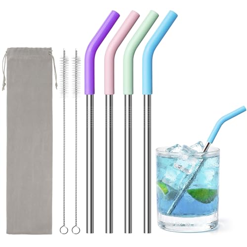 Diumepo Short Metal Straw Reusable, 6.7in Stainless Steel Drink Straws with Silicone Tips for Small Cup,Brush,Dishwasher safety (Colors 6)