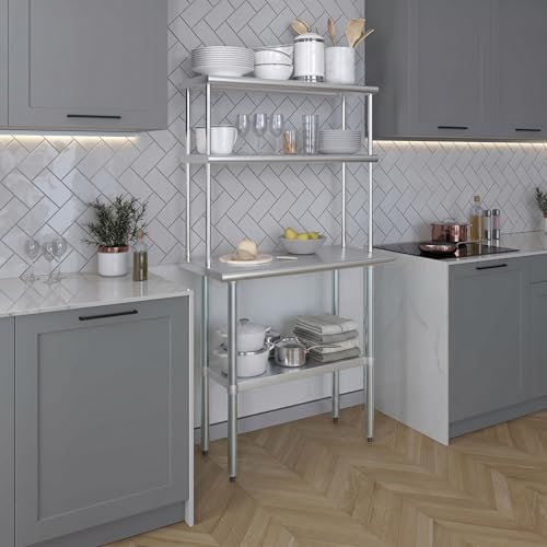 Image of AmGood Stainless Steel Work Table with 12 inch Wide Double Tier Overshelf | Metal Kitchen Prep Table & Shelving Combo | NSF (Stainless Steel Table with Double Overshelves, 36 inch Long x 18 inch Deep)