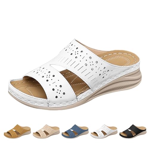 Image of UK 6 Womens Slip on Sandals :Backless Low Wedge Open Toe Mules Summer Fashion Beach Slides Flip Flops Sandles 001_Clearance White