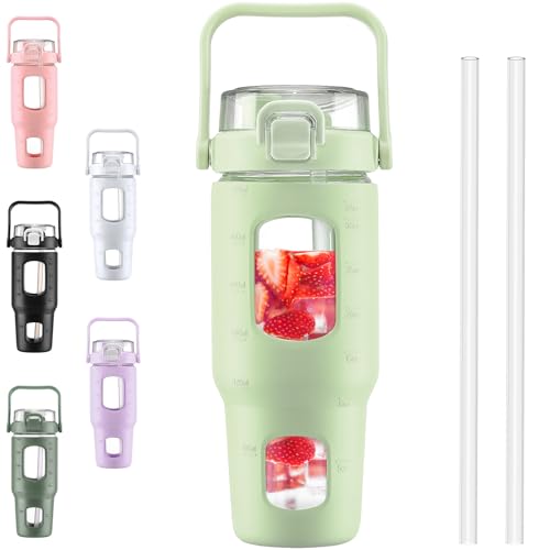 BLUEGO 32oz Glass Water Bottles with Straw Time Marker Half Gallon Large Motivational Water Bottle with Silicone Sleeve 2 Liter Large Glass Water Jug for Gym, Sports& Workout, Daily, Green