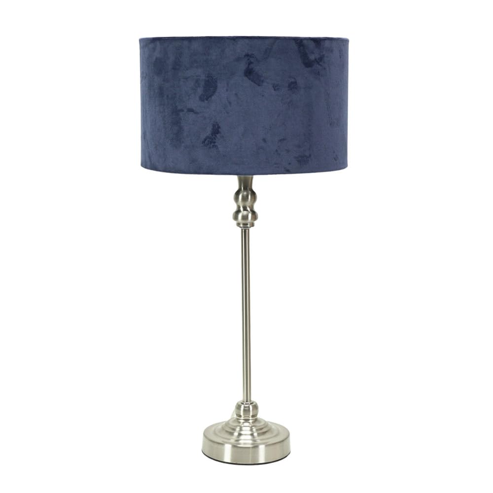 Valuelights Unisex Navy Maggie Brushed Chrome Candlestick Slim Table Lamp W/ Velvet Drum Lamp Shade In