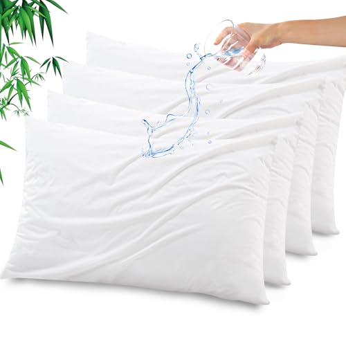 Gogreen Bamboo Rayon Waterproof Pillow Protector, Breathable Pillow Cover, Cooling Pillow Case Protector with Zipper, Super Soft Pillow Case Cover with Zipper (4 Packs, Standard 20"x26", White)