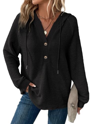 BLENCOT Boho Tops Women Long Sleeve Drawstring Button V Neck Black M