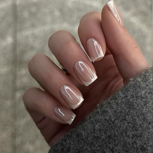 Nymora Press on Nails Extra Short, 24 Ongles French Tip Courts, Ongles Faux avec Colle à Ongles pour Femmes, Naild Doonails Softgel Naturel Blanc French Fake Nails, Forme Squoval Nude