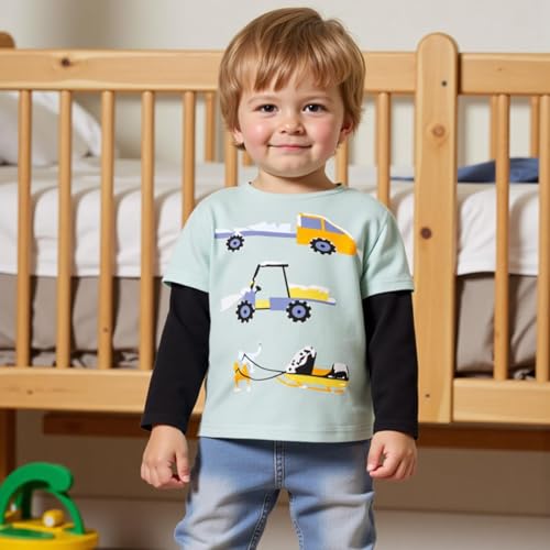 Little Bitty Boys Long Sleeve T Shirts Three Car Patterns Black and Mint Green Color Combo 2-8Y3