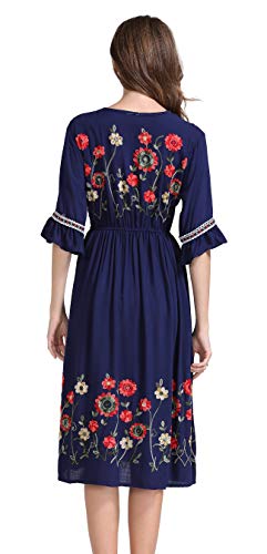 Shineflow Women's Short Sleeve Mexican Embroidered Floral Pleated Midi A-Line Cocktail Dress(Blue,L) #TOP1