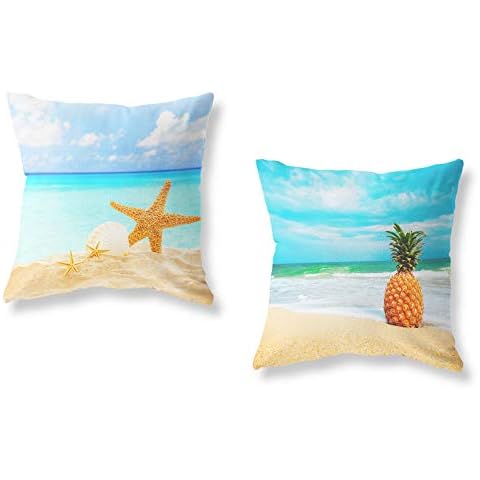 LuckyCow Set of 2 Square Throw Pillow Covers 18x18 Inch - Cotton Linen Throw Pillow Cover Beach Theme Starfish Pineapple Printed Game Pillow Case Suitable for Gift Sofa Bed Chair Auto Seat Pillowcase Cover